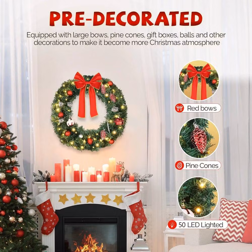 Kelvenix Green LED Christmas Wreath Hanging Decoration with Warm White Lights – 5