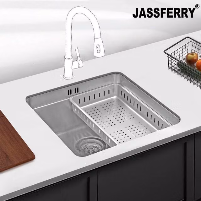JASSFERRY Stainless Steel Undermount Kitchen Sink with Rack, Silver, W: 44 cm x D: 44 cm x H: 44 cm