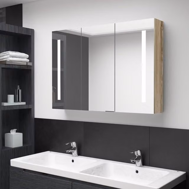 Berkfield Home LED Bathroom Mirror Cabinet in Grey Oak, W: 89 cm, D: 14 cm, H: 62 cm – 1