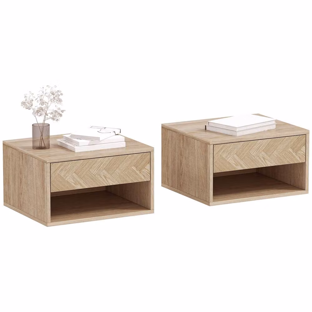 HOMCOM Set of 2 Wall Mounted Floating Nightstands with Drawer and Open Shelf in Sand Brown – 2