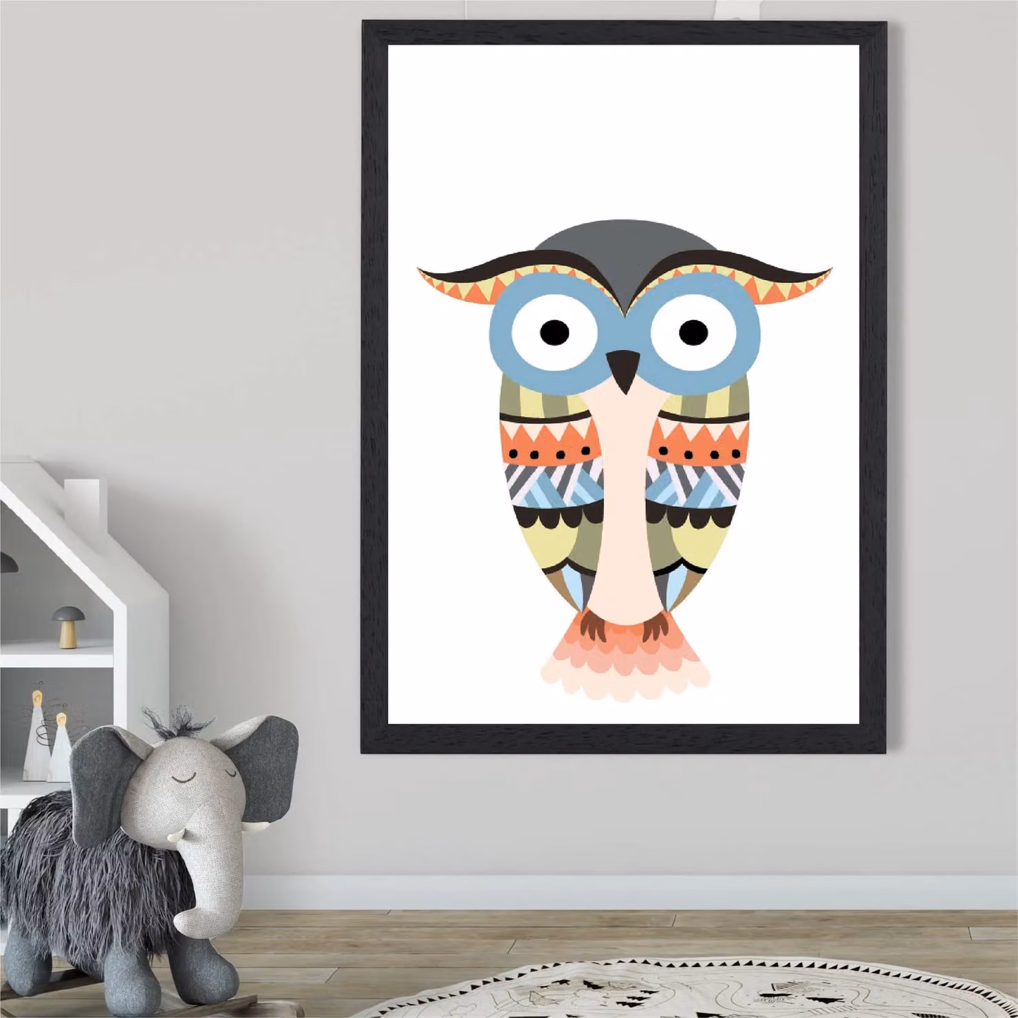 ARTZE Totem Owl Tribal Animal Framed Print, Grey and Multicolour, A4 – 2