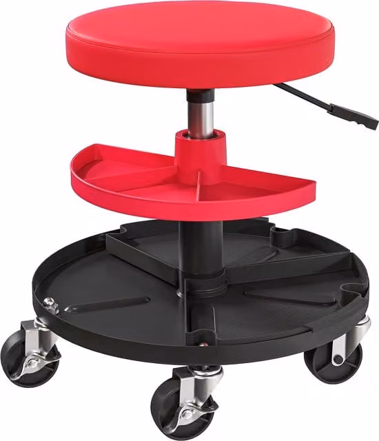 HOMCOM Rolling Mechanic Stool in Red with 360 Degree Swivel, Castors and Tool Tray Storage