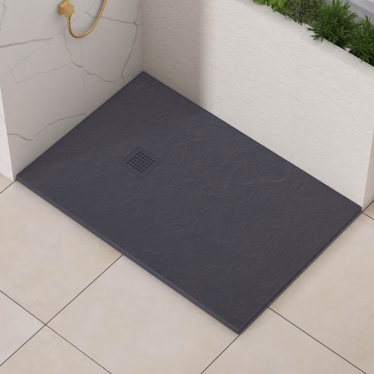 Luxor Rectangular Grey Slate Effect Mineral Cast Stone Shower Tray with Grey Grate and Anti-Slip Surface