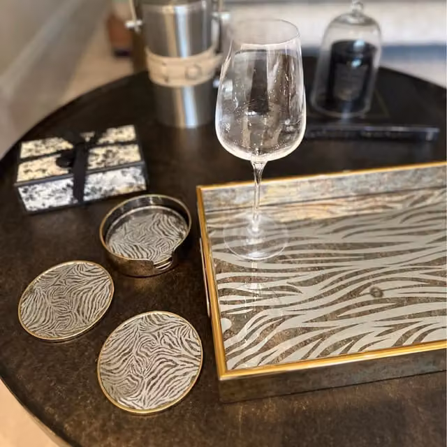 Maison Des Cadeaux Rectangular Zebra Print Decorative Tabletop Tray in Bronze and Gold