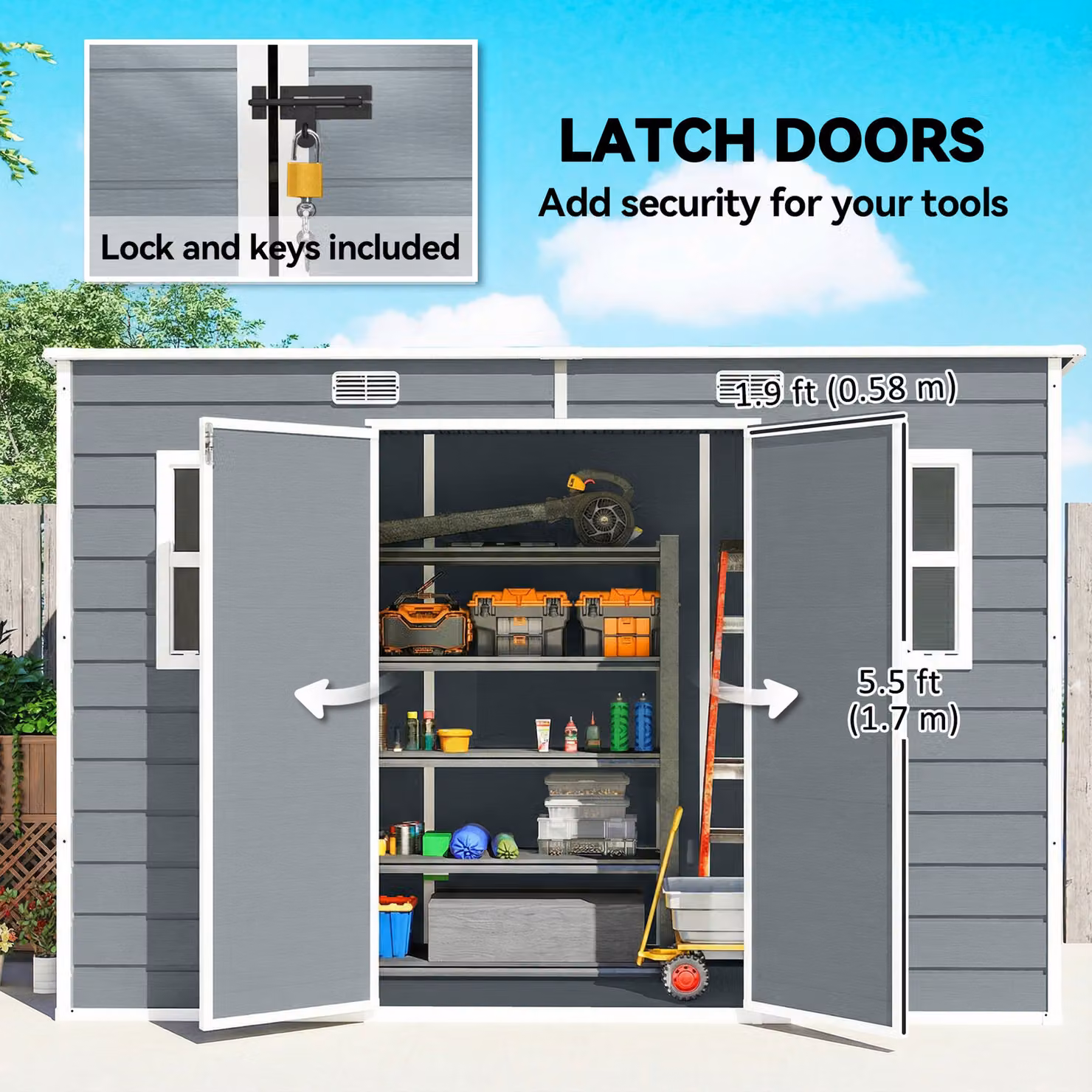 Outsunny Grey Resin Garden Storage Shed with Windows, Floor and Lockable Double Doors, W: 304.8 cm, D: 123.0 cm, H: 184.0 cm – 5
