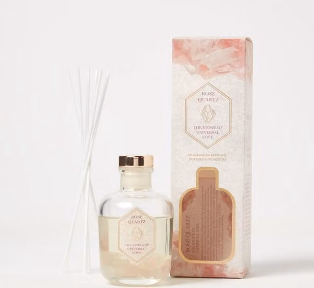 HOMESCAPES Rose Quartz Crystal Reed Diffuser with Rose and Eucalyptus Scent, Pink