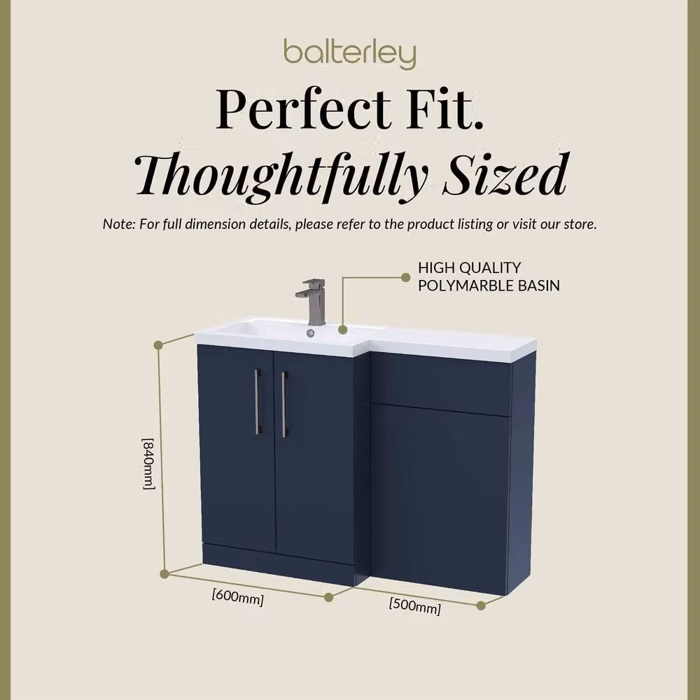 Balterley Modern Blue Matt Left-Hand Vanity and WC Unit Combination with Brushed Pewter Hardware, W/H: 110 x 84 cm – 4