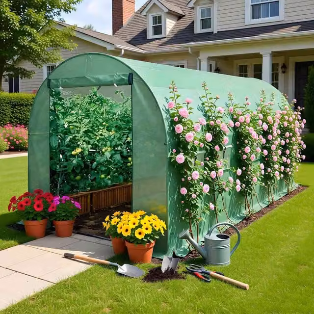 BIRCHTREE Green Galvanised Steel Frame Polytunnel Greenhouse, L 5 m x W 2 m x H 2 m