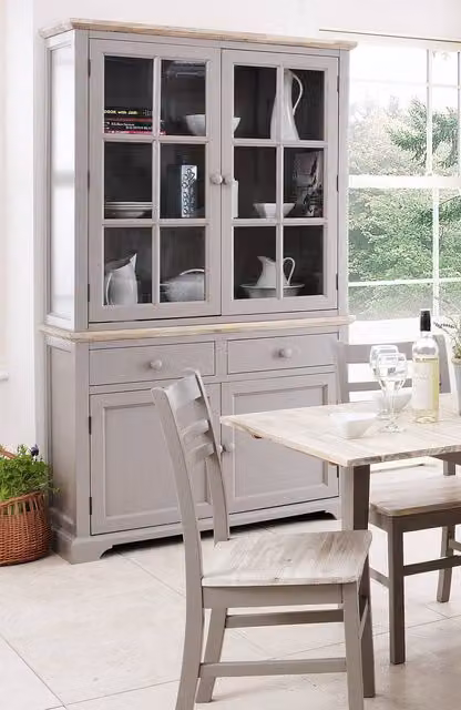 Statement Furniture Florence Display Cabinet in Dove Grey with Brushed Acacia Wood Top, 2 Drawers and 2 Glass Door Cupboard, W: 120 cm, H: 200 cm, D: 42 cm – 1