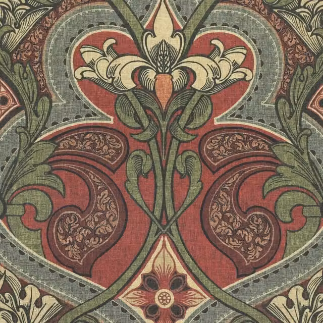 HOUSE Llewelyn-Bowen Gwendoline Printed Damask Floral Cotton Fabric in Rosemarie Red, Green and Multicolour