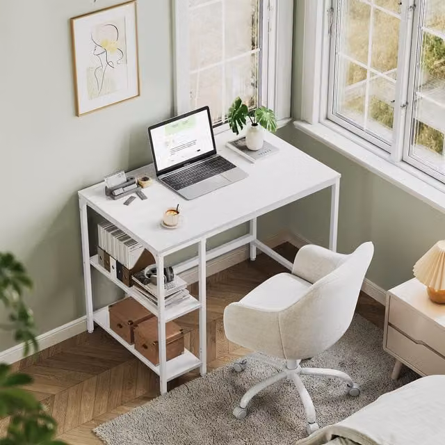 VASAGLE Industrial Computer Office Desk with Shelves, White
