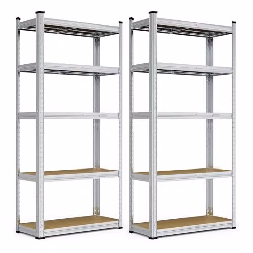 VonHaus Pack of 2 Heavy Duty 5-Tier Garage Shelving Units in Silver with Adjustable MDF Shelves and 175kg Capacity Per Shelf