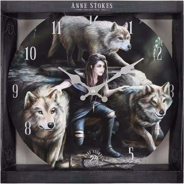 Anne Stokes Fantasy Art Power of Three Wolf Round Quartz Wall Clock, Grey and Multicolour, Diameter: 34 cm