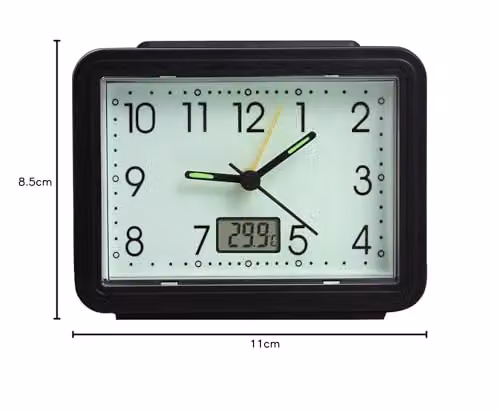 mysmartbuy Set of 2 Black Analogue Alarm Clocks with Temperature Reading and Glow in the Dark Face, H8.5 x W11 x D4.5 cm – 7