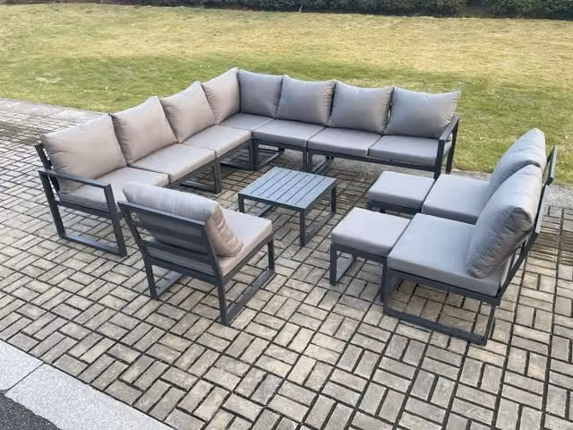 Fimous 12 Seater Outdoor Garden Furniture Set with L-Shape Corner Lounge Sofa, Square Coffee Table and 2 Ottomans in Dark Grey Powder Coated Aluminium