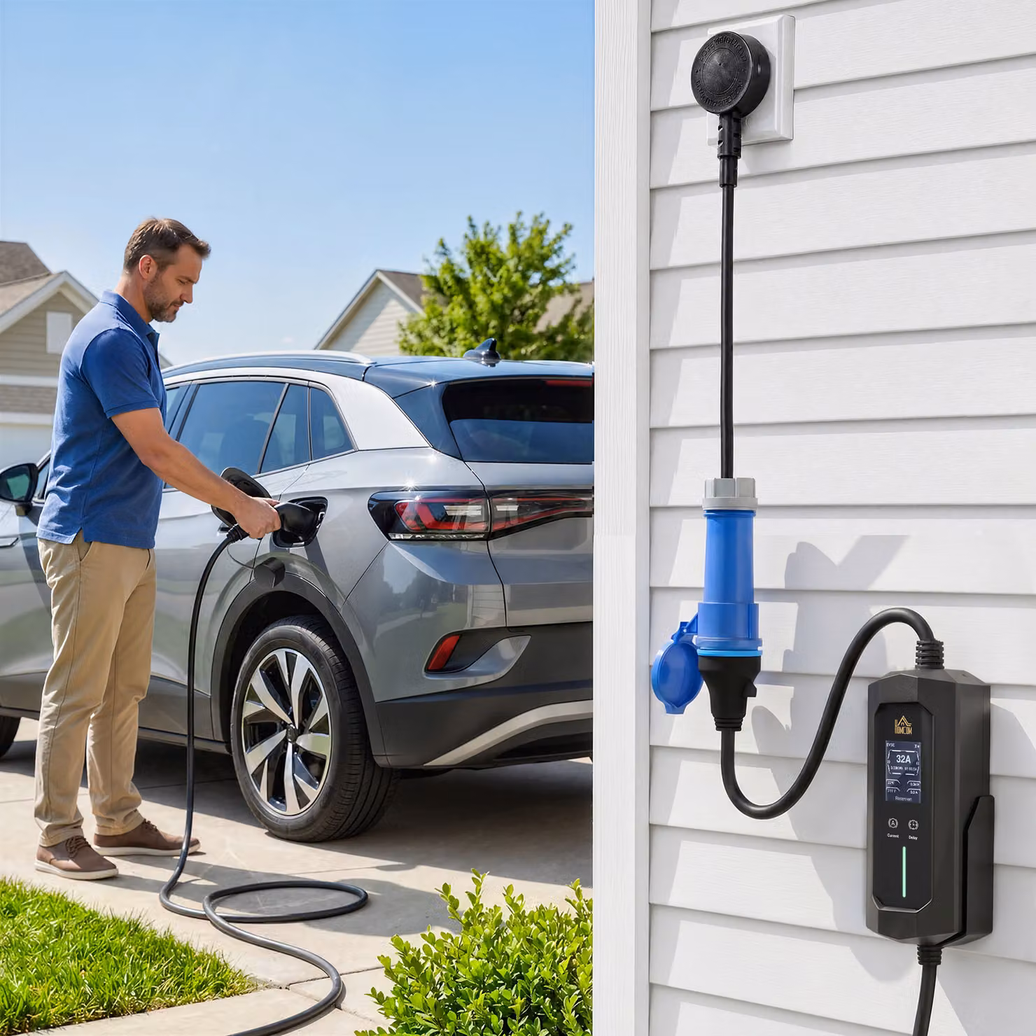 HOMCOM 7kW Type 2 Electric Car Charger with CEE 32A Plug, UK Adapter and 10 m Cable, Black – 2