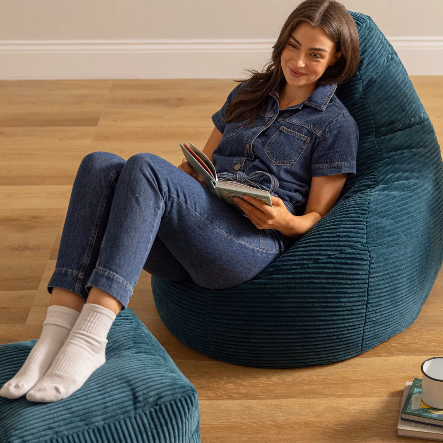icon Dalton Corduroy Bean Bag and Footstool with Filling in Petrol Blue – 3