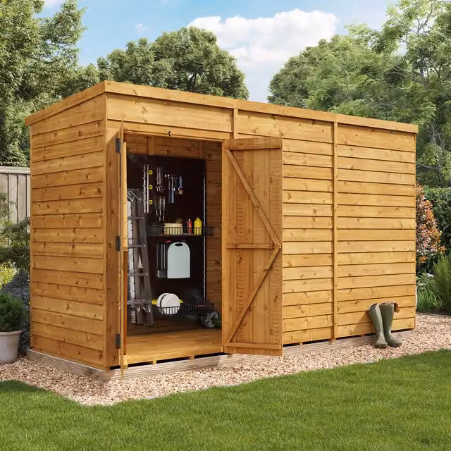 BillyOh Switch Overlap Pent Wooden Shed in Brown with Double Doors and Floor, W: 365.78 cm, D: 121.92 cm