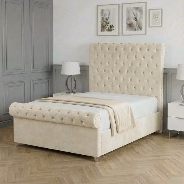 Living Comfort Bedz Regency Sleigh Upholstered Slatted Base Bed in Cream, Super King Size (W/D/H: 200 x 200 cm)