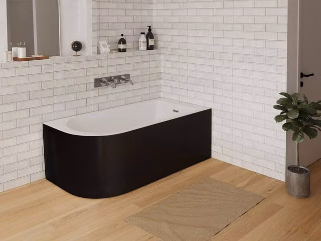 Vente-unique Glossy Black Corner Bathtub with Apron, W/D/H: 170 x 75 x 58 cm – 1