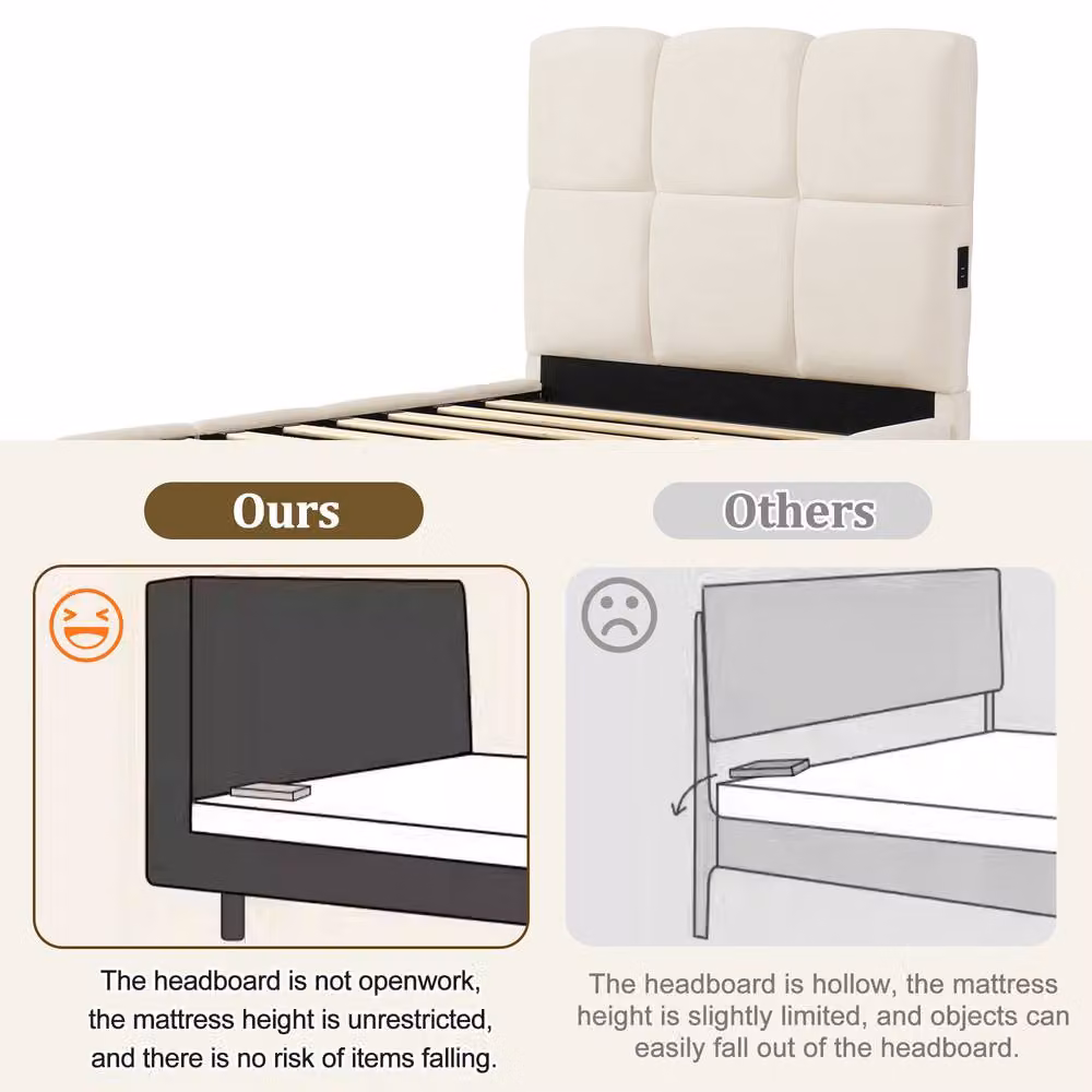 Matteo Upholstered Single Bed in Beige Velvet with Hydraulic Storage and USB Charging Port, W/D/H: 90 x 190 cm – 3