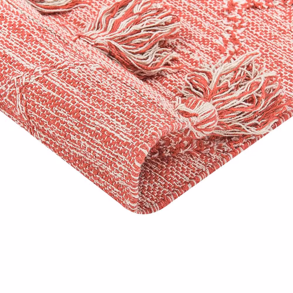 Wyld and Coco Hand Tufted Cotton Geometric Area Rug in Red and White with Tassels, W: 140 cm, L: 200 cm – 4