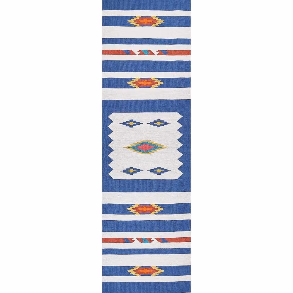 Wyld and Coco Kilim Handwoven Cotton Runner in Blue, White and Red, W/D/H: 80 x 300 cm – 1
