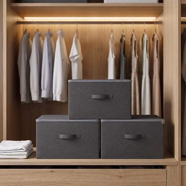 EONLION Pack of 3 Foldable Fabric Storage Cubes with Lids in Grey, W/D/H: 50 x 50 x 26 cm