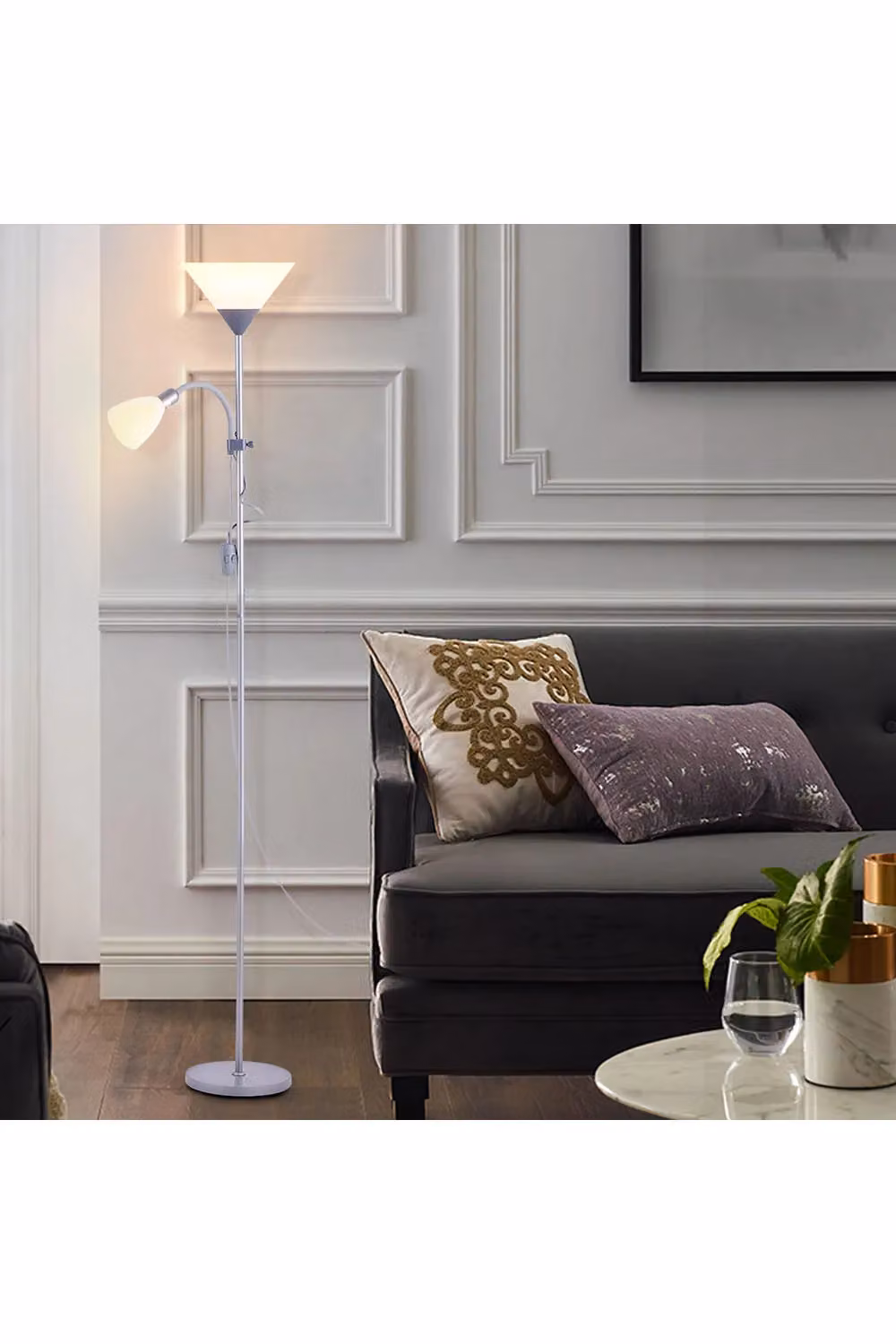 Living and Home Contemporary Dual Head Floor Lamp in Multicolour and White with Adjustable Up and Down Lighting – 2