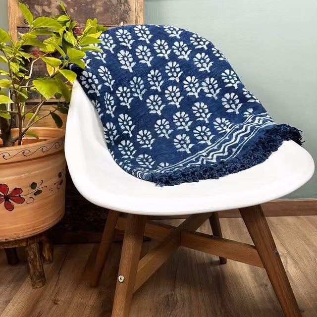 KDMK Handmade Indigo Floral Ethnic Throw in Blue
