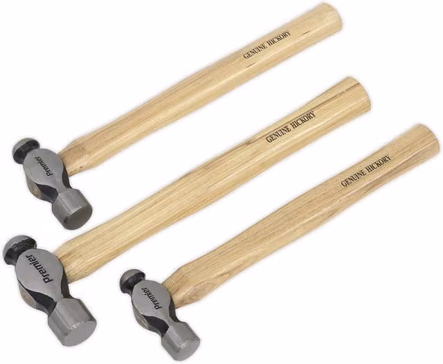Loops 3 Piece Ball Pein Hammer Set with Forged Steel Heads and Hickory Wood Shafts in Silver and Multicolour