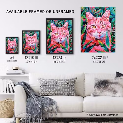 Artery8 Cat Lover Pet in Fronds Psychedelic Pink and Green Abstract Wall Art Poster Print on Thick Paper, W: 46.0 cm, H: 61.0 cm – 3