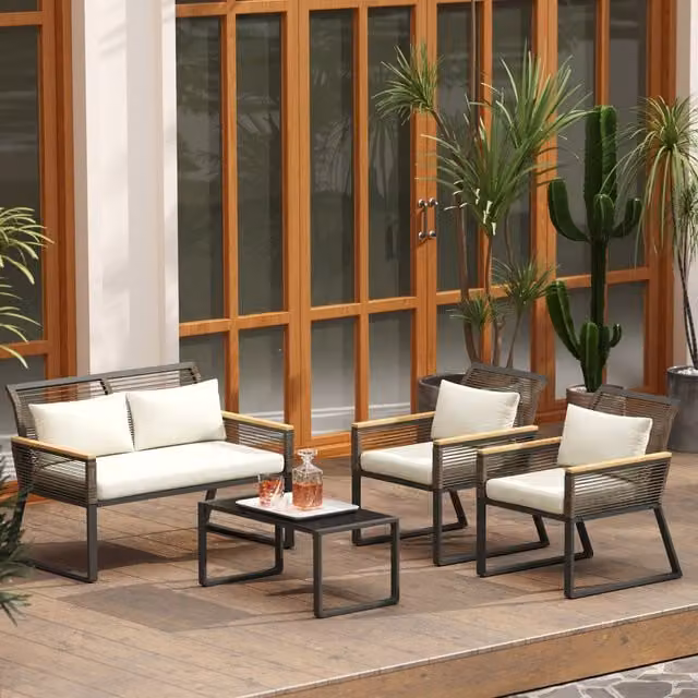 Outsunny 4 Piece Grey Rattan Garden Furniture Set with 2 Chairs and Glass Table