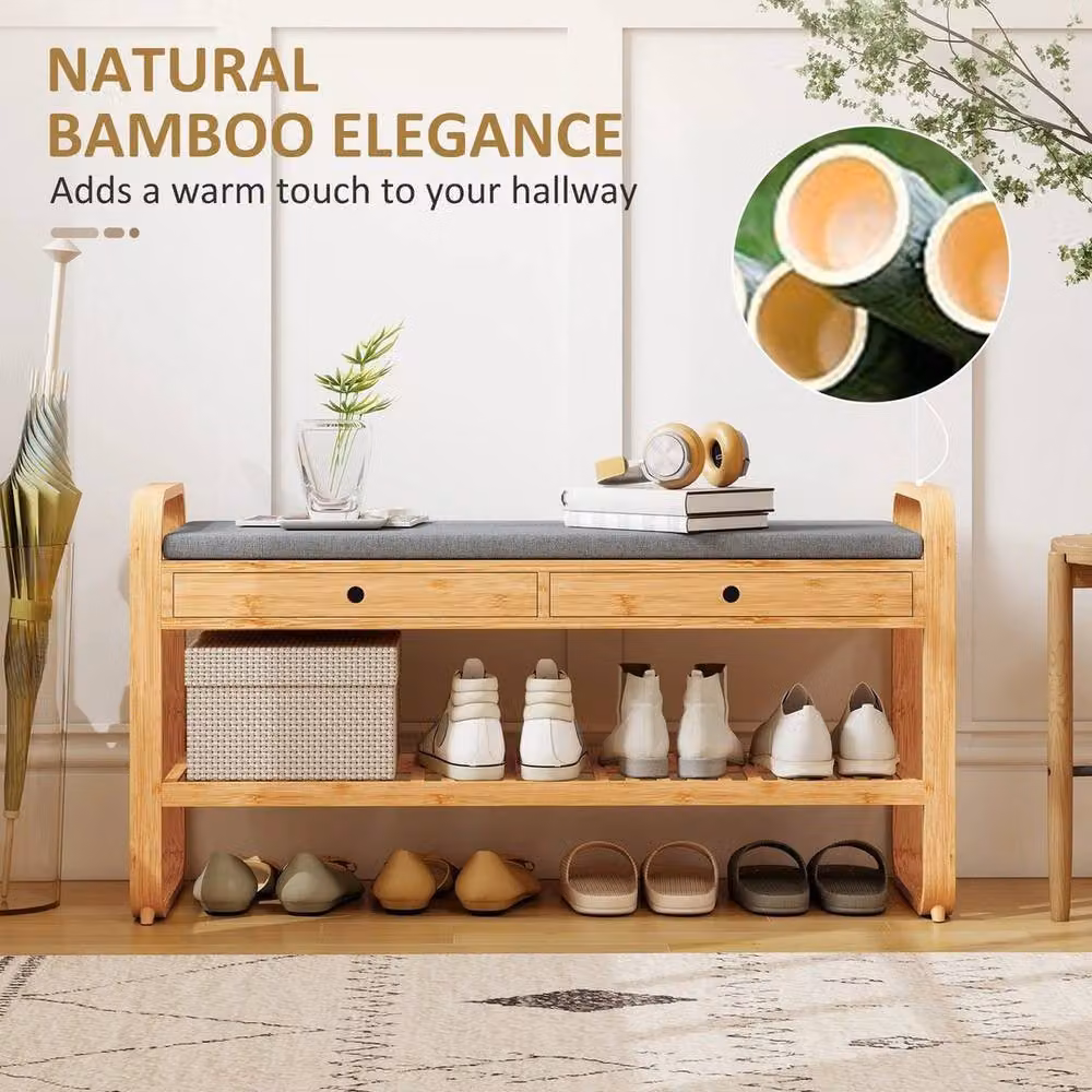 PAWNORA Shoe Bench with 2 Drawers and Cushioned Seat in Brown, W: 100 cm x D: 15 cm – 2