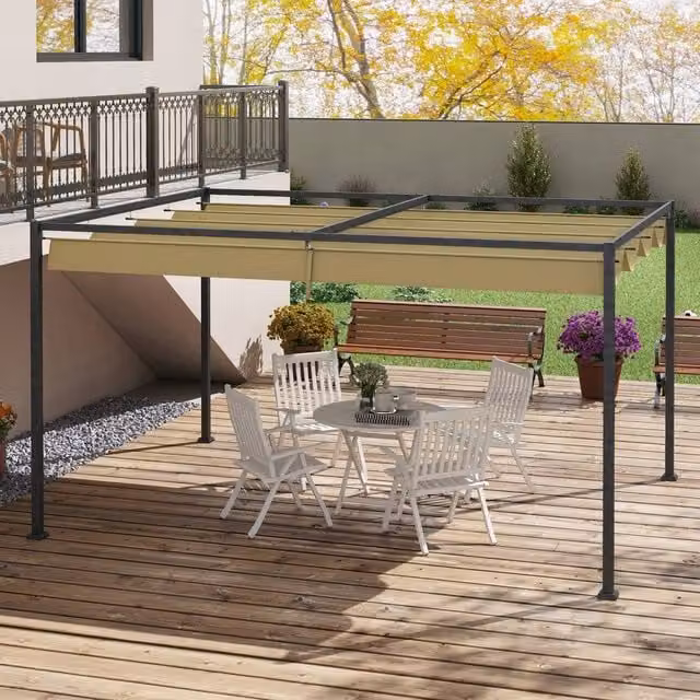 OUTSUNNY Metal Pergola Gazebo Patio Sunshelter with Retractable Canopy in Beige, W/D/H: 298 x 221 x 200 cm