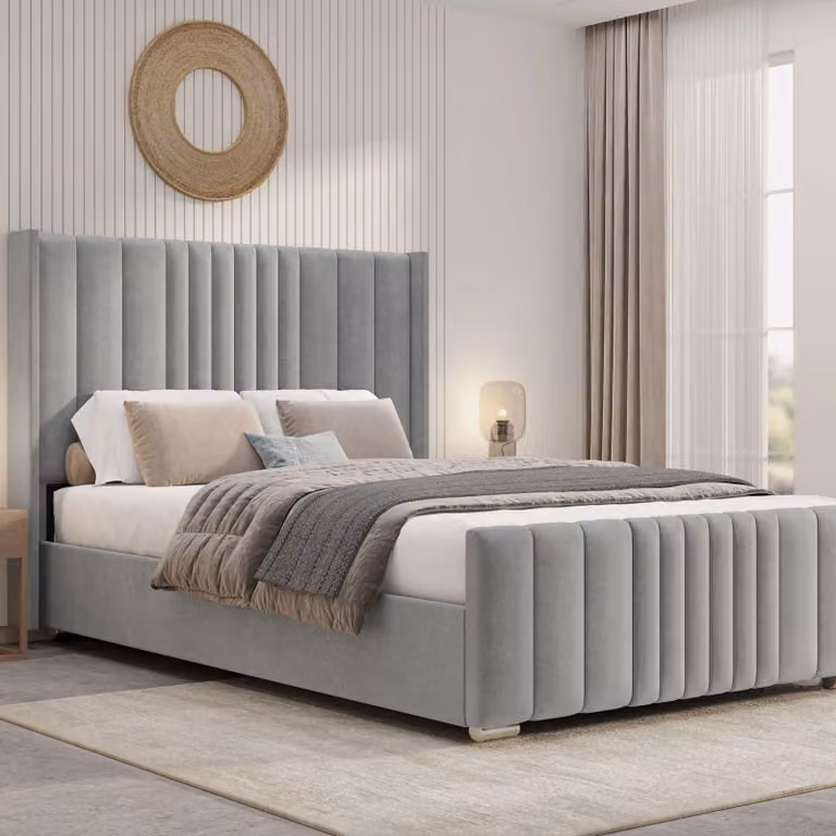 DHS Winged Ottoman Storage Bed Frame with Striped Velvet Fabric in Grey, W/D/H: 180 x 200 cm