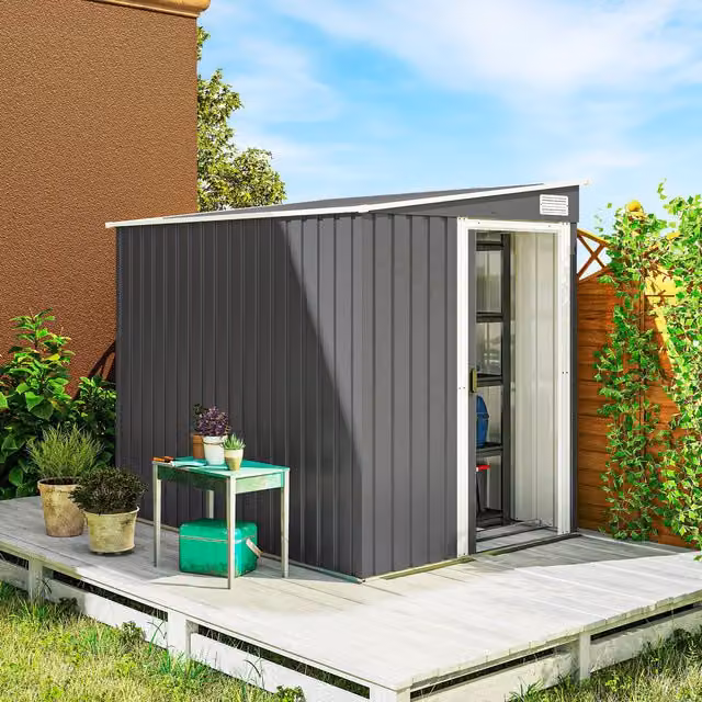 OUTSUNNY Dark Grey Metal Lean-to Garden Tool Shed with Foundation, W/D/H: 213.36 x 152.4 x 181 cm