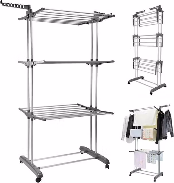 NESTLUNE 4-Tier Metal Clothes Airer Drying Rack in Grey