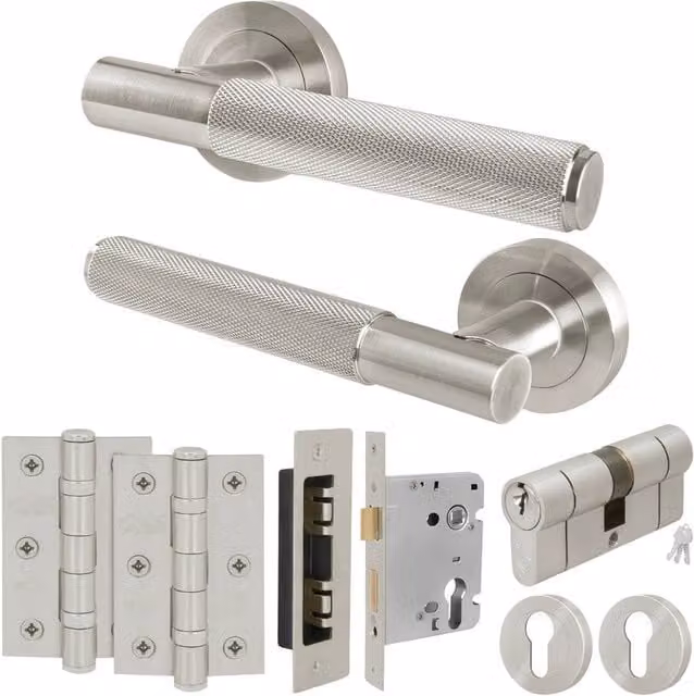 AFIT Satin Nickel Euro Lock Double Cylinder Door Handle in Silver, 150 x 150 mm – 1