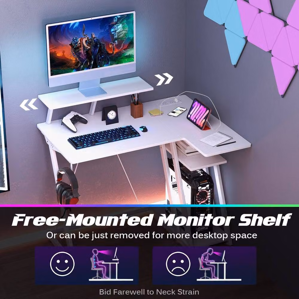 Costway L-Shaped Gaming Desk with Monitor Shelf and Outlets in White – 5
