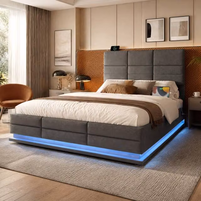 STILVORA Modern Grey Velvet Upholstered Double Bed Frame with Lift Up Storage, USB Charging Port and LED Under-Bed Lighting, W/D/H: 140 x 200 x 32 cm – 1