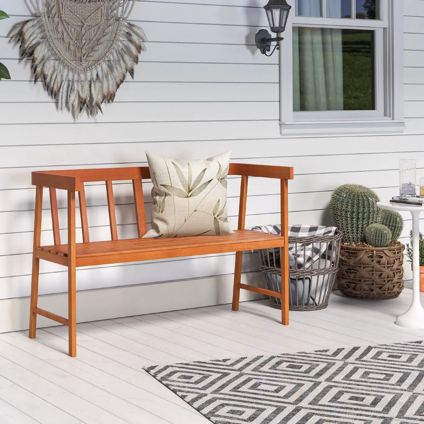 Gymax 2-Person Wooden Outdoor Patio Bench with Backrest and Armrests in Orange – 5
