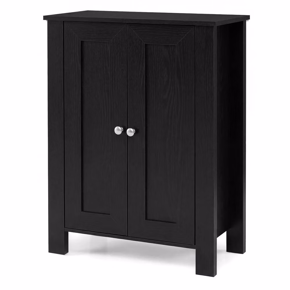 Costway Modern Black Wooden Bathroom Floor Storage Cabinet with Double Hinged Doors – 4