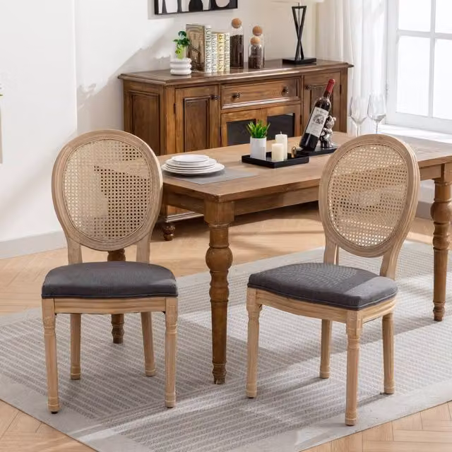 HomeTouch Set of 6 French Style Rattan Back Dining Chairs in Grey with Linen Fabric – 1