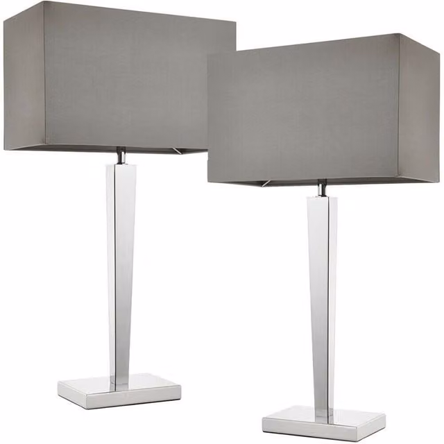 Loops 2 Pack Modern Rectangular Table Lamps with Chrome Metal Base and Grey Fabric Shades, H 66 cm x W 18 cm x D 18 cm – 1