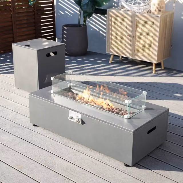 MIMO Outdoor Rectangular Gas Fire Pit Table with Multi-Use Side Table in Grey – 1
