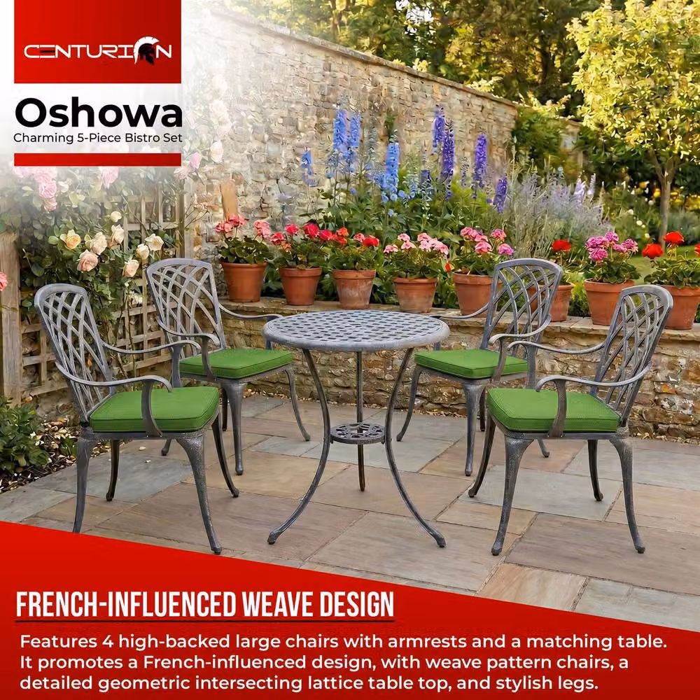 Centurion Supports OSHOWA 5-Piece Cast Aluminium Bistro Set with Round Table, 4 High-Back Armchairs and Green Cushions in Grey – 2