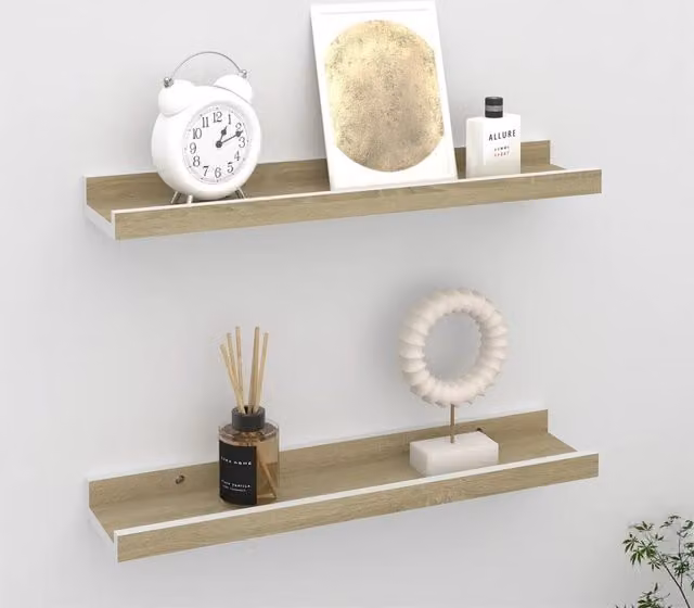 Berkfield Home Wall Mounted Shelves, 2 Pack, White and Sonoma Oak, W: 40 cm, D: 9 cm, H: 3 cm