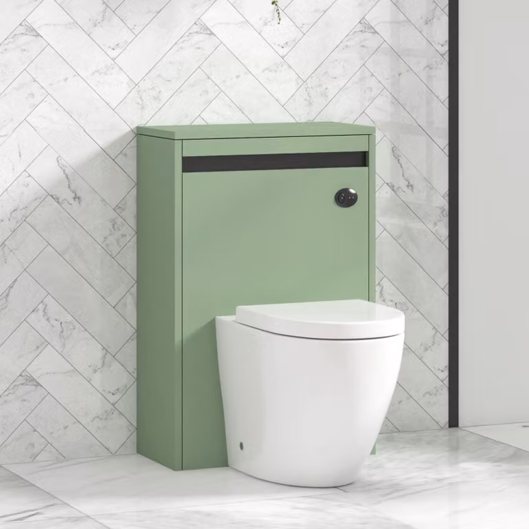 Royal Bathrooms Orion Wall Mounted Mint Sage WC Unit with Elva Rimless Ceramic Toilet Pan, Seat and Cistern with Black Accent Trim, Width: 54 cm