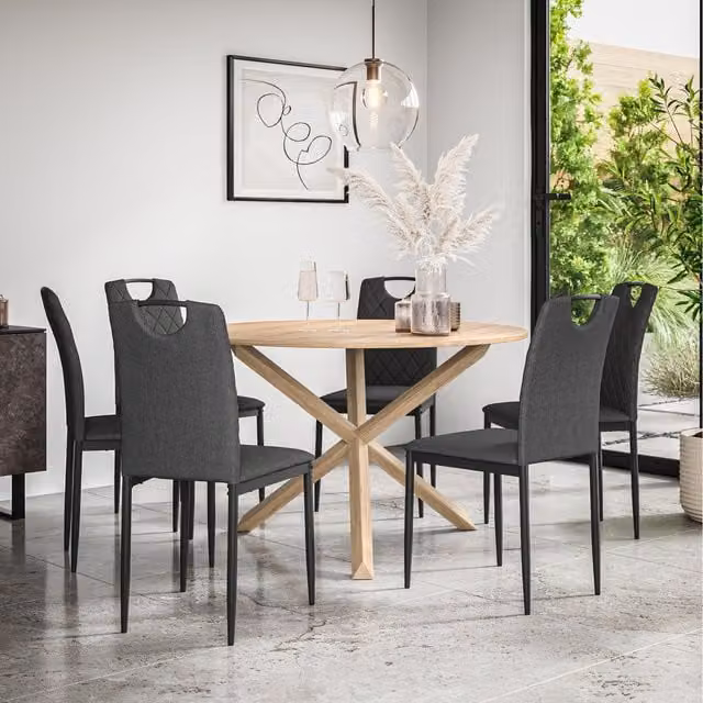 More4Homes Malvern Round Oak Effect Dining Table Set with 6 Monza Linen Chairs in Anthracite Grey, W/D/H: 120 x 120 x 75 cm